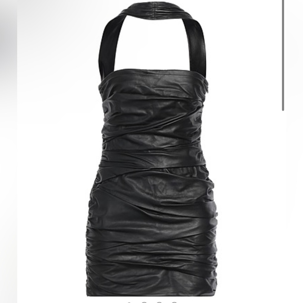 Zeynep Arcay black leather ruched mini sheath dress